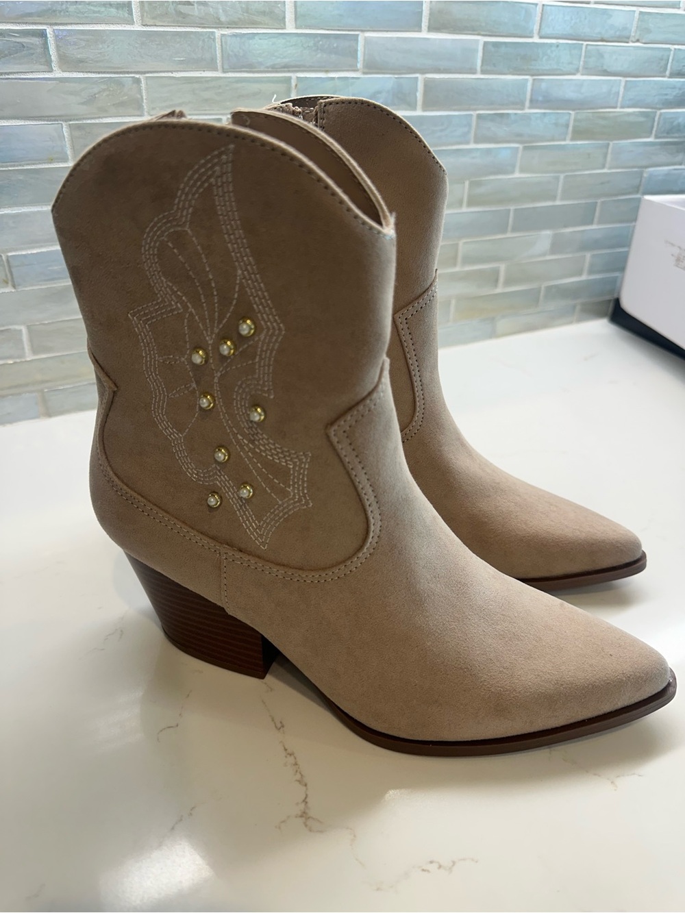 Qupid Taupe Suede Western Ankle Boots with Stud Accents